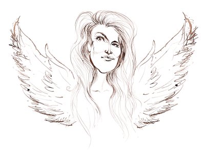 Angela Carter, English novelist and journalist; caricatured with wings in reference to her novel Nights at the Circus by Neale Osborne